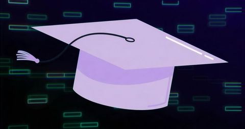 Purple mortarboard floating over neon digital code representing virtual graduation, edtech innovatio