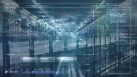 Digital World Map Projection Over Virtual Server Room