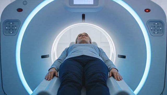 Adult female undergoing mri scan in modern radiology scanner with illuminated gantry