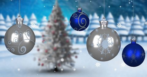 Decorative Christmas Balls Hanging Over Winter Fantasy Landscape