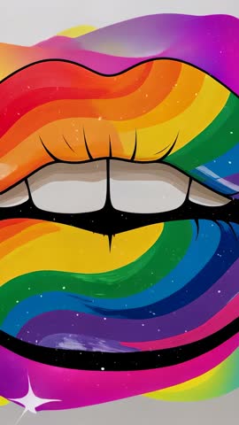 Animating Rainbow Lips Shining, Swirling, Dripping — Vibrant Vertical Pop Art Loop