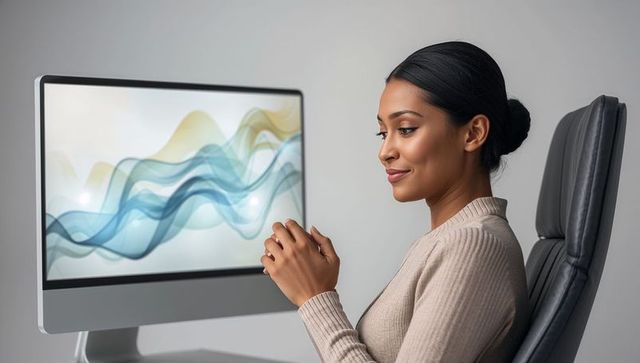 Focused professional woman sitting at minimalist desk, desktop display, clasped hands