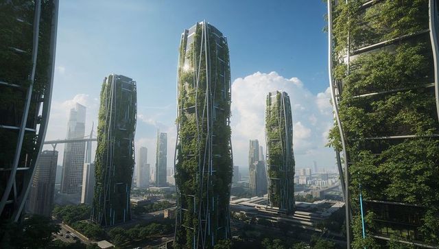 Futuristic Green Skyscrapers in an Eco-Friendly Urban Landscape