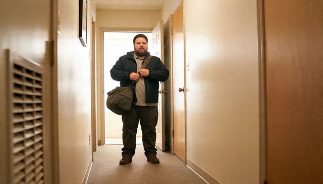 Standing man pausing in narrow hallway carrying canvas duffel bag and wearing dark jacket