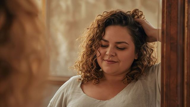 Curly-haired woman leaning in doorframe fixing beige top, relaxed cozy home portrait