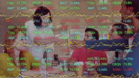 Team Discussing Business Strategy with Stock Market Overlay