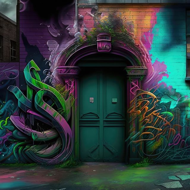 Building with wall and door covered in colorful graffiti created using generative ai technology. Graffiti, urban art and colour concept digitally generated image.