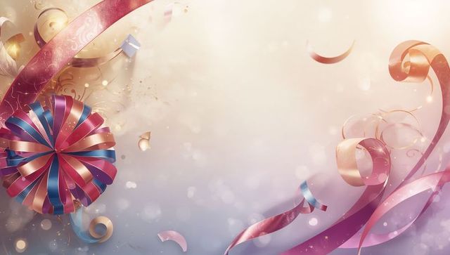 Festive multicolor ribbon rosette with curling streamers and pastel bokeh background