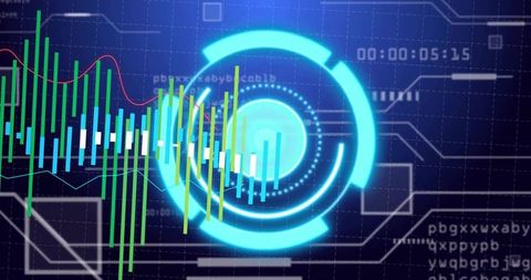 Pulsating cyan hud dashboard hovering over neon analytics bars with red trend line