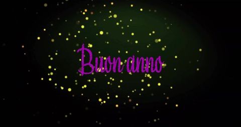 Buon anno purple glitter cursive greeting with gold bokeh and green vignette glow