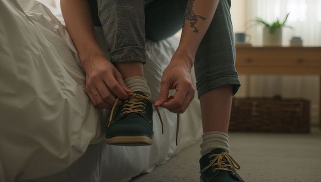 Tying dark green sneakers with tan laces while sitting on bed, rolled gray trousers