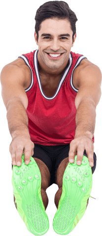 Smiling man exercising with stretching pose isolated on transparent background