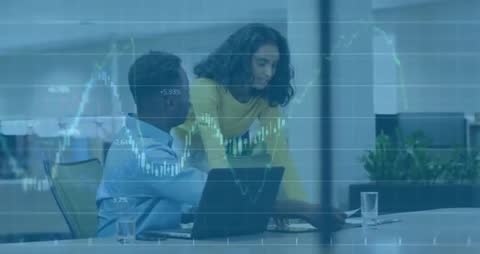 Business Professionals Analyzing Financial Data with Animated Graphs