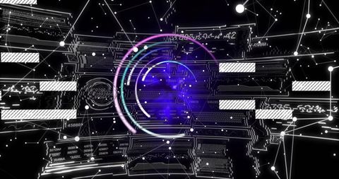Pulsing neon hub connecting virtual circuitry with concentric rings and data nodes