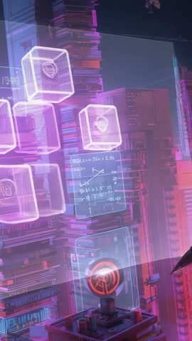 Gloved Stylus Spawning Holographic Cubes Over Futuristic Lab Console Vertical Tech Video