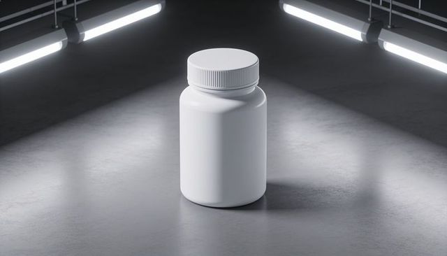 Minimal white pill bottle on gray studio floor with led rail lighting and strong symmetry