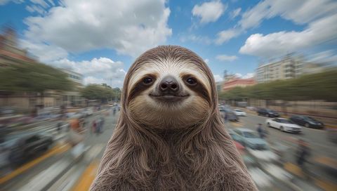 Smiling sloth portrait watching busy city street with motion blur and playful surreal charm