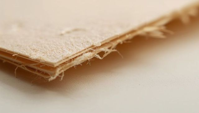 Fraying beige paper layers revealing loose fibers macro texture for packaging crafts