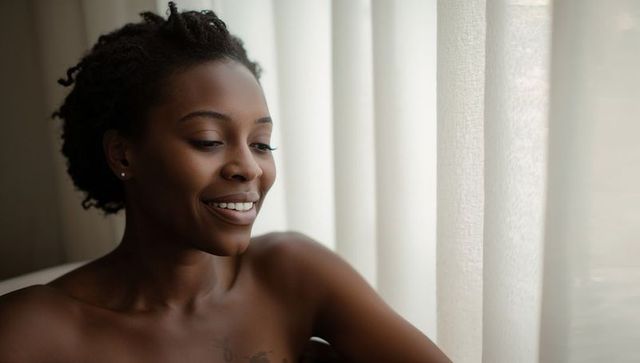 Smiling woman leaning toward sheer-curtained window in warm natural light, serene portrait