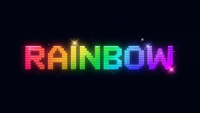 Glowing pixelated rainbow text with neon gradient tiles and sparkling accents
