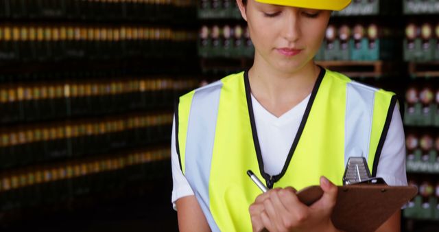 Female Warehouse Worker in High Visibility Clothing Using Clipboard - Download Free Stock Images Pikwizard.com