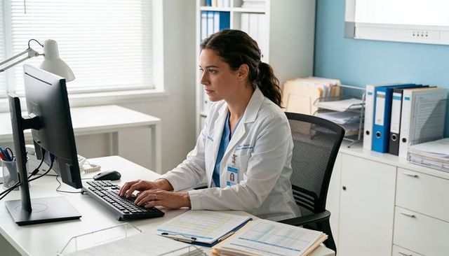 Female clinician typing at clinic desk with computer monitor, patient records, daylight office