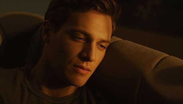 Pensive young man leaning on cushioned seat with warm amber light cinematic portrait