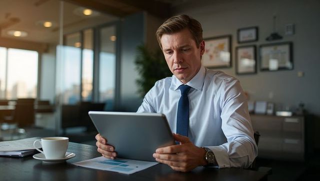 Executive concentrating while reviewing tablet financial charts in glass office with coffee