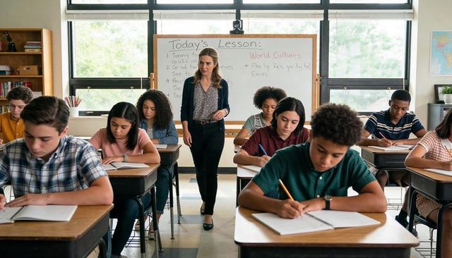 Teacher supervising diverse middle school students writing during world cultures lesson
