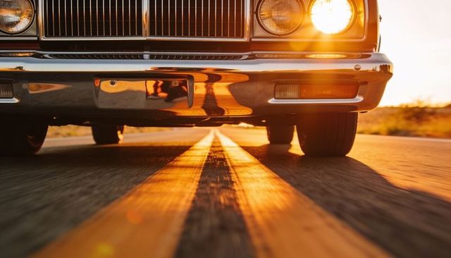 Classic car front end dominating two-lane highway at sunset with gleaming chrome bumper