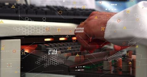 Businessman Operating Computer with Financial Data Interface