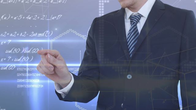 Businessman interacting with complex data on a high-tech digital screen, visually representing data analysis and technology innovation. Ideal for use in articles or presentations about data-driven decision-making, the integration of technology in business, or digital transformation in the corporate sector.