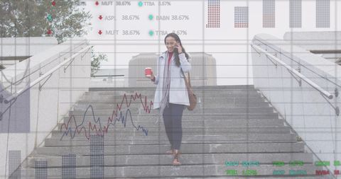 Woman Navigating Business Calls Amid Stock Market Overlay