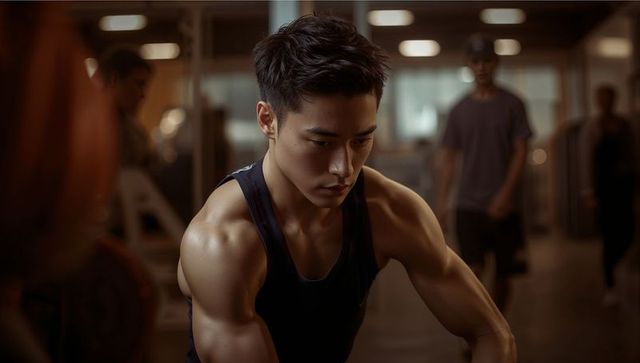 Muscular asian man preparing strength lift in gym wearing black tank top, intense focus