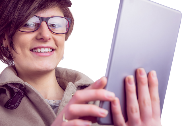 Smiling Woman in Glasses Holding Tablet on Transparent Background - Download Free Stock Videos Pikwizard.com