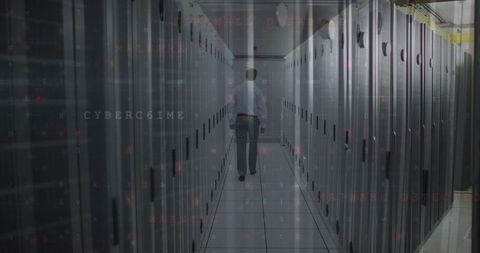 Engineer in Server Room with Cybersecurity Overlay Concepts Graphics