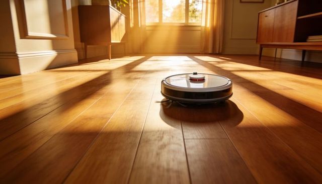 Robot vacuum gliding across sunlit hardwood floor sweeping midcentury living room