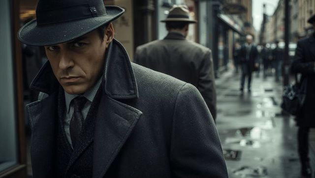 Staring fedora-clad man wearing overcoat standing on rain-soaked street noir cinematic