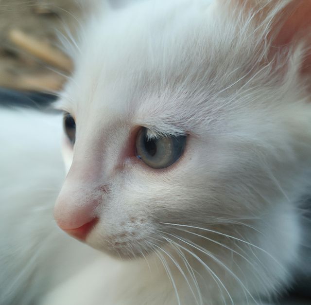 This image features a close-up of a white kitten with striking blue eyes. The detailed focus on the kitten's face highlights its soft, fluffy fur and delicate whiskers. Ideal for use in pet-related advertisements, animal care websites, or as a decorative addition to cat lover merchandise. It captures innocence and the pure charm of a young kitten, making it suitable for greeting cards and calendars.