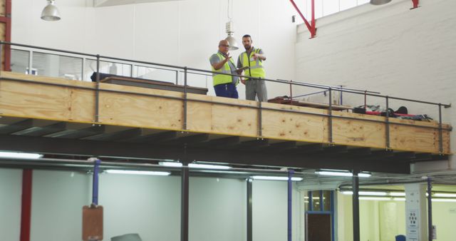 Two construction workers are discussing plans on a site mezzanine - Download Free Stock Photos Pikwizard.com