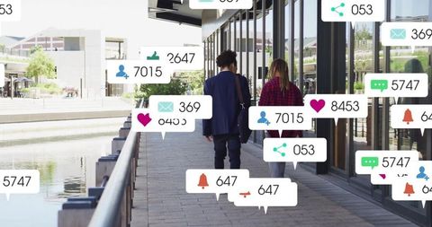 Urban Professionals Walking in Tech-Driven Environment With Social Media Elements