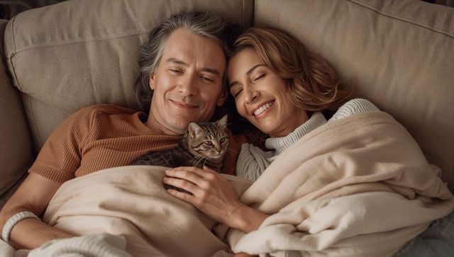Middle-aged couple cuddling on sofa with tabby kitten under warm beige blanket