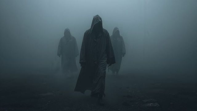 Walking hooded figures emerging from misty forest in ominous cloaked procession