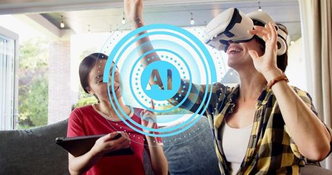 Woman Experiencing VR While Companion Controlling Tablet with AI Overlay in Living Room