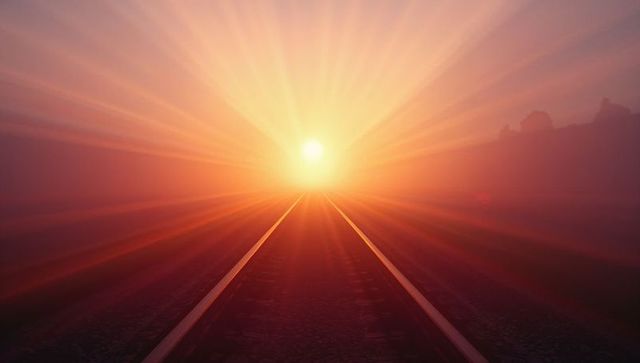 Railroad Tracks Leading to Sunrise on Foggy Morning