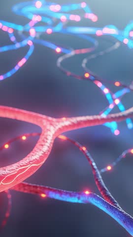 Emerging red branch sending glowing nodes through blue channels vertical tech loop