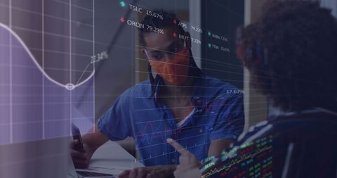 Analyzing stock data in modern office setting with team discussion