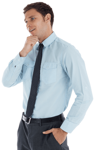 Transparent Young Businessman in Thoughtful Pose with Hand on Chin