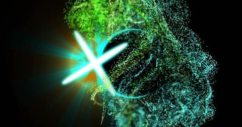 Futuristic Glowing Cross with Vibrant Particle Swirl