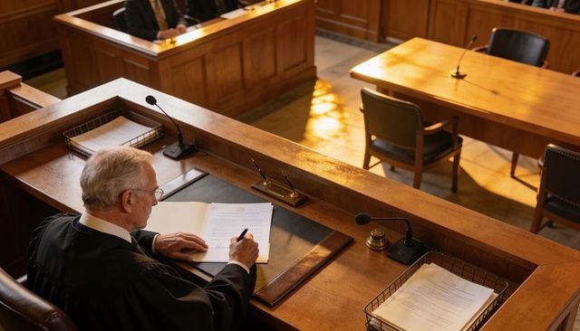 Senior judge signing court ruling at wooden bench with gavel, documents and sunlit courtroom